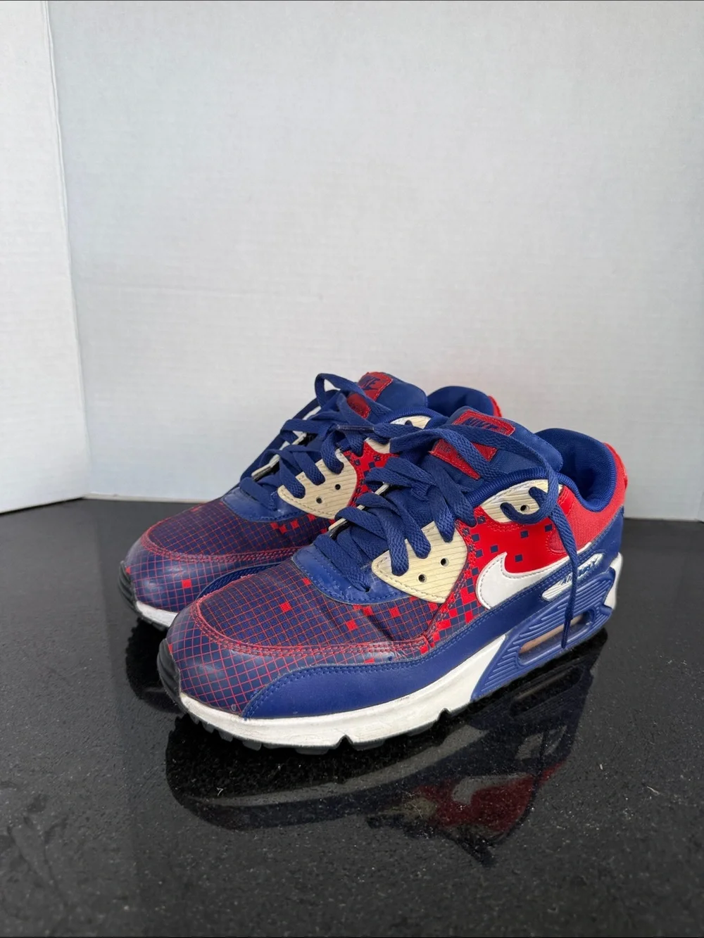 Nike Air Max 90 Premium Mesh GS Boys Size 7Y Deep Royal Blue Light Crimson